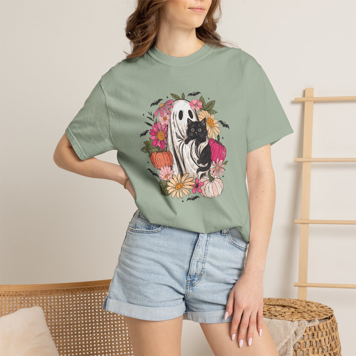 Cute Boho Ghost Holding Black Cat with Flowers T-shirt