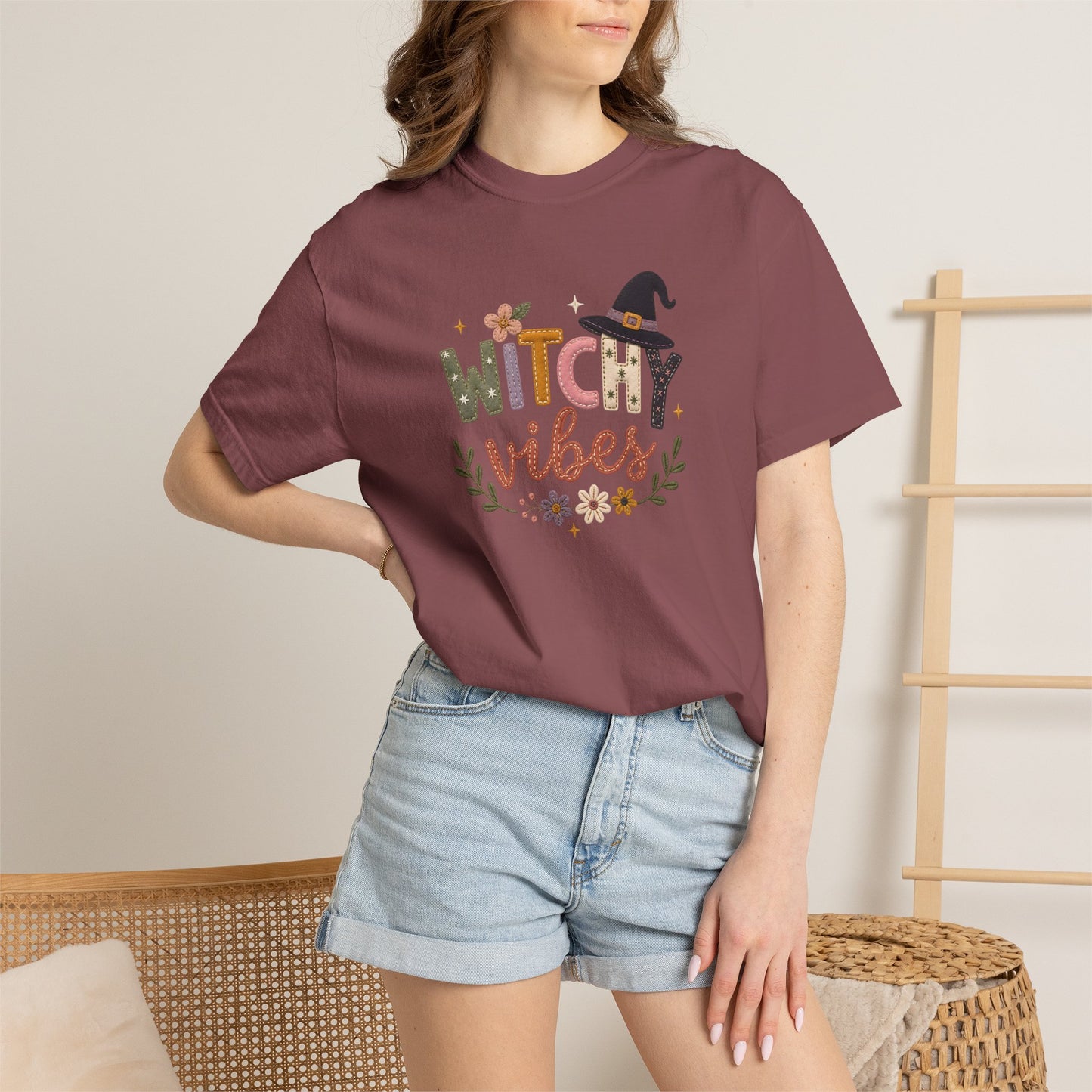 Witchy Vibes Faux Patchwork Embroidery T-shirt