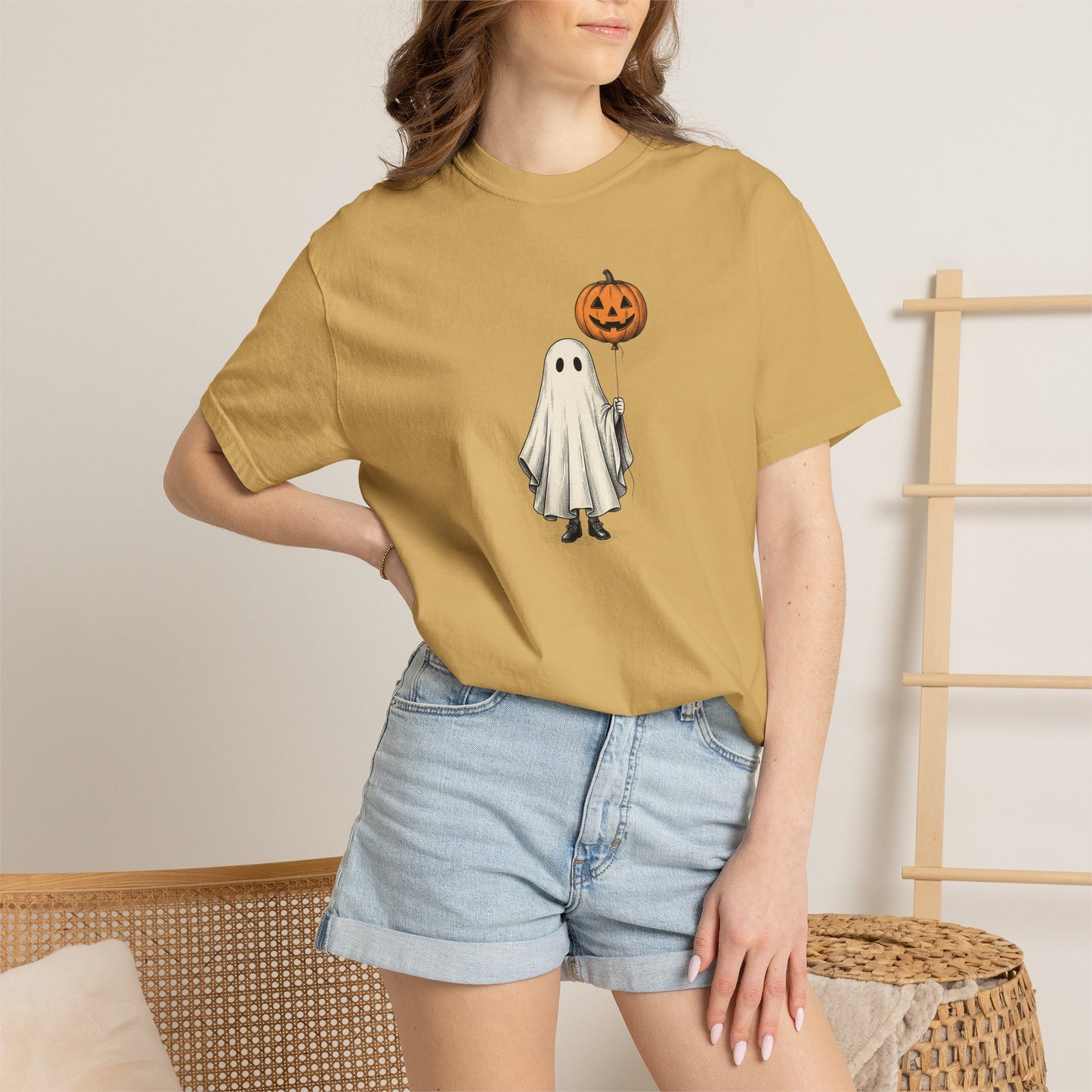Simple Boho Ghost Holding a Pumpkin Balloon T-shirt