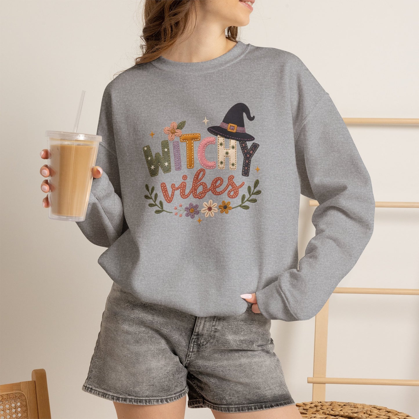 Witchy Vibes Faux Patchwork Embroidery Crewneck Sweatshirt