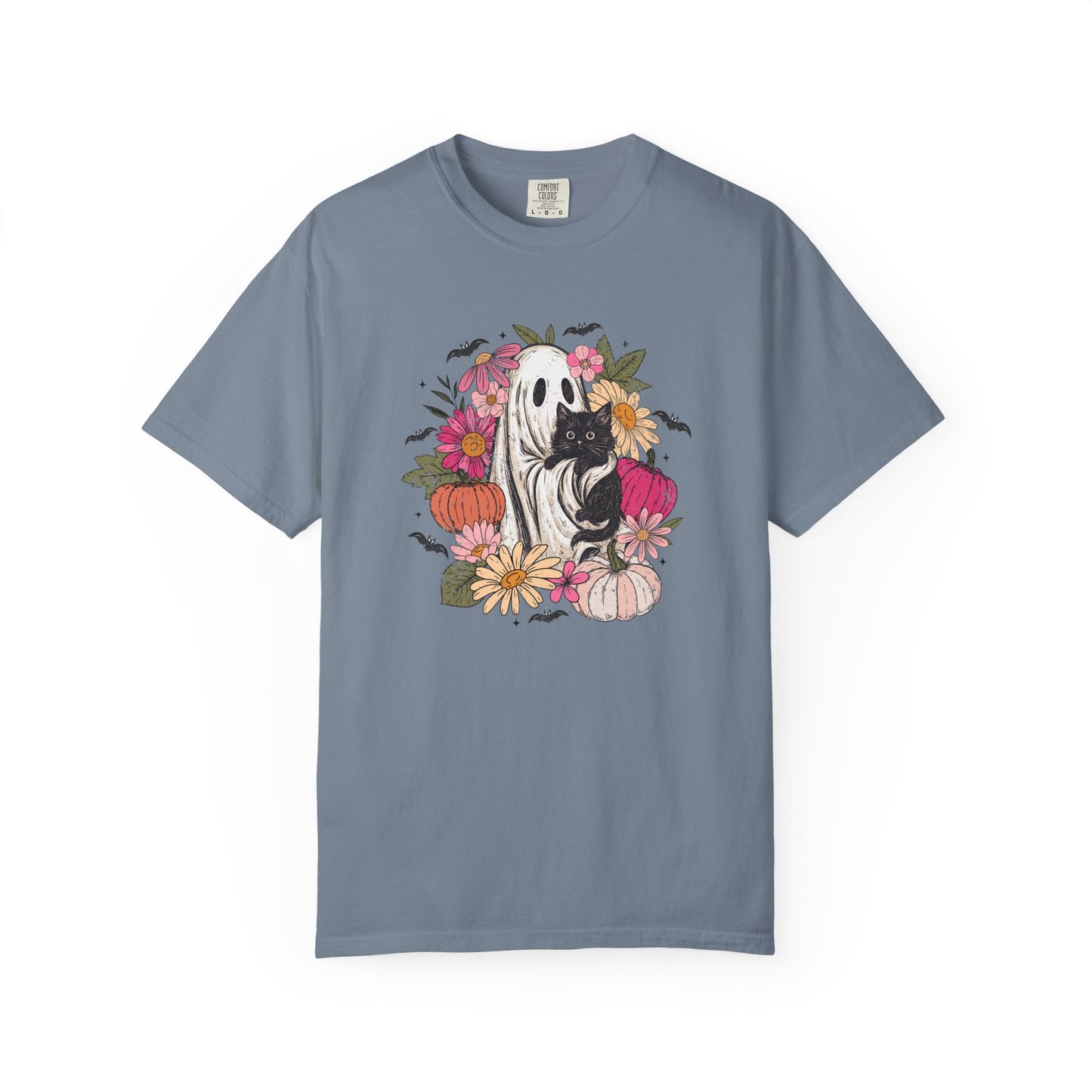 Cute Boho Ghost Holding Black Cat with Flowers T-shirt