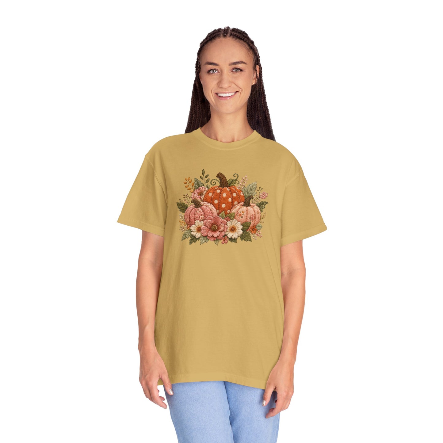 Orange & Pink Trio of Pumpkins with Flower Blooms Faux Patchwork Embroidery T-shirt