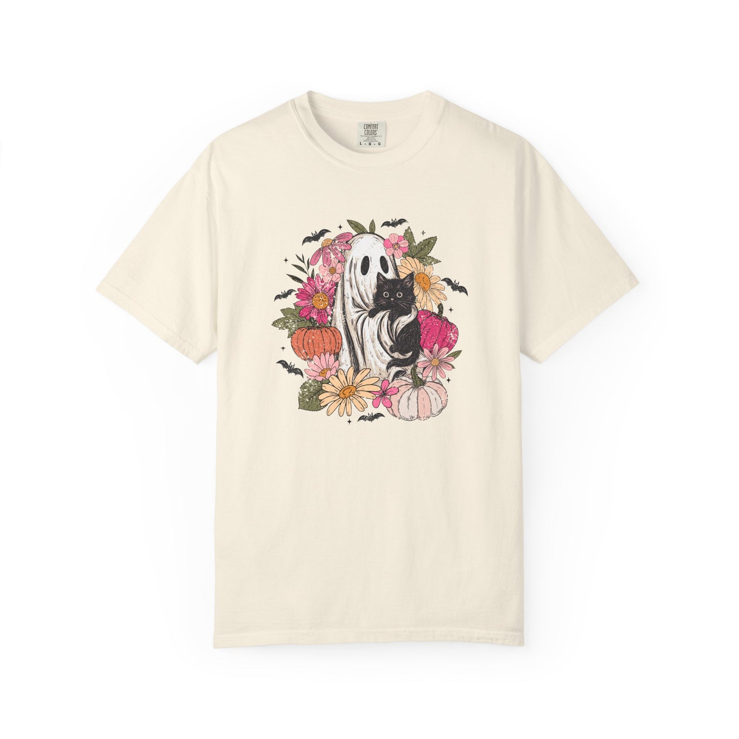 Cute Boho Ghost Holding Black Cat with Flowers T-shirt