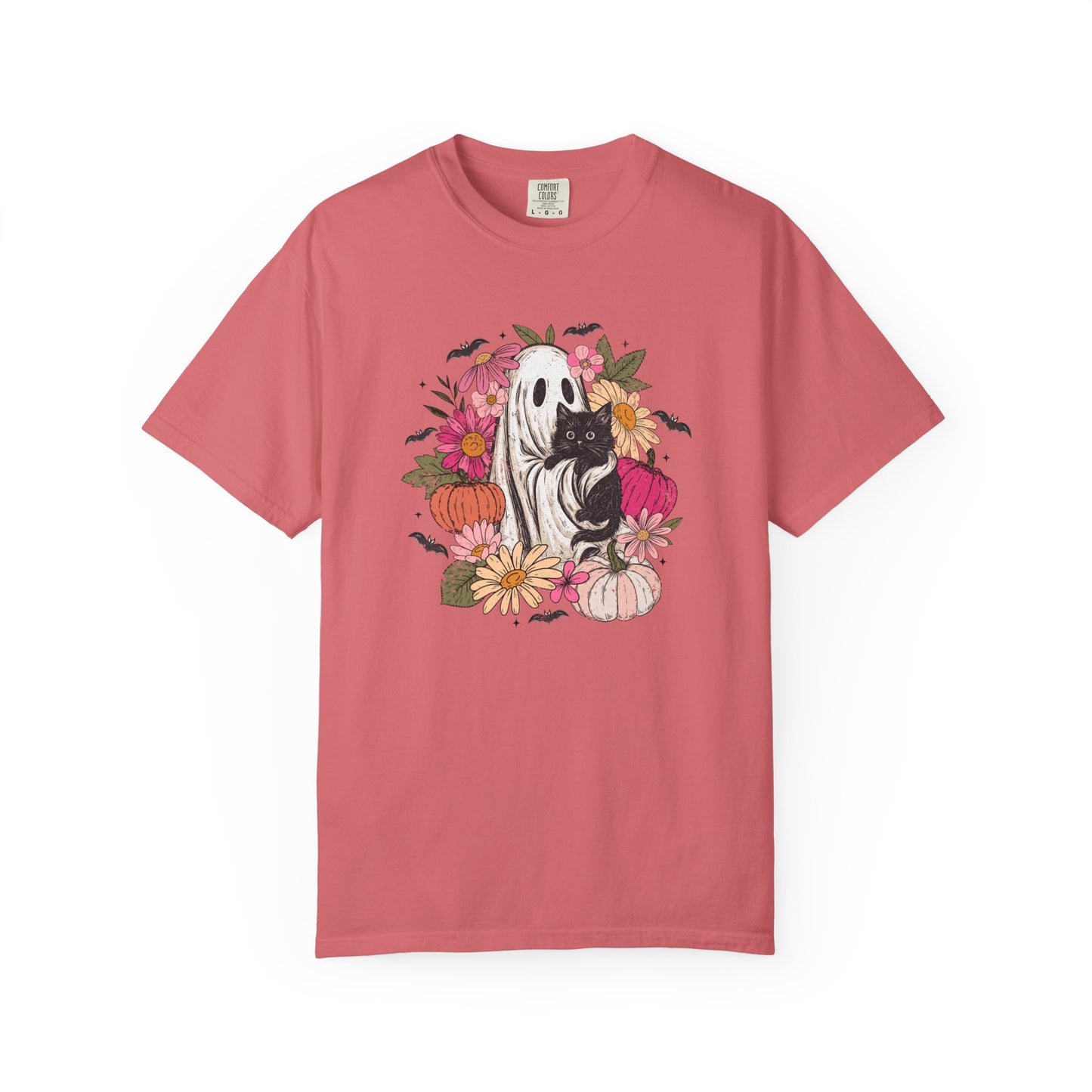 Cute Boho Ghost Holding Black Cat with Flowers T-shirt