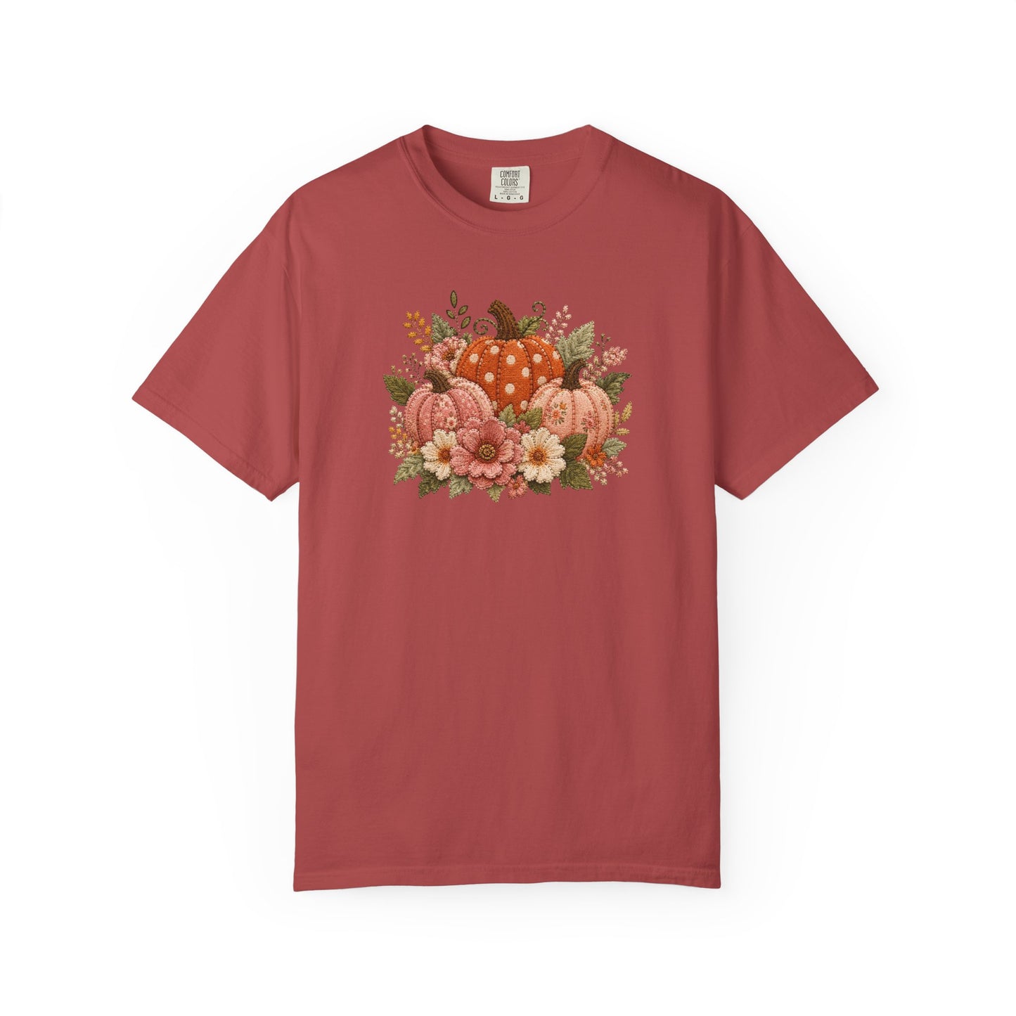 Orange & Pink Trio of Pumpkins with Flower Blooms Faux Patchwork Embroidery T-shirt