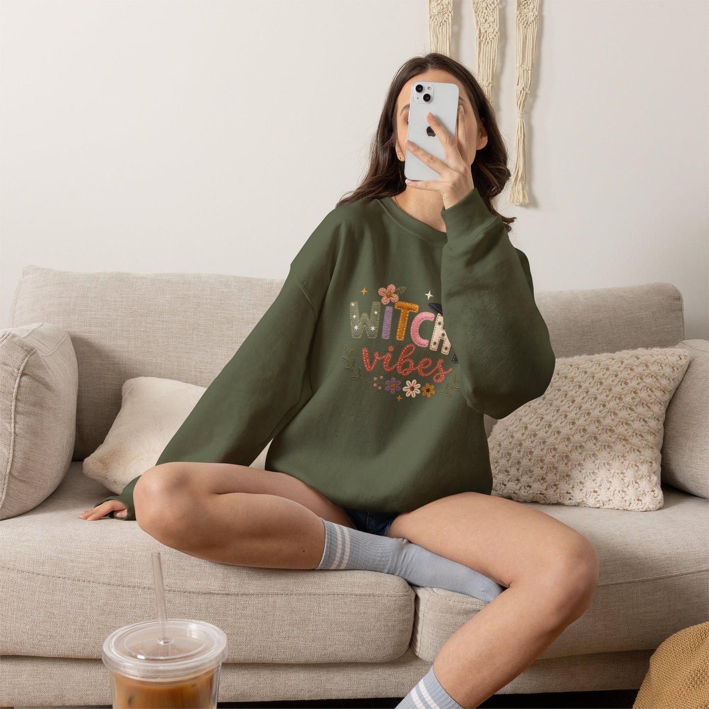 Witchy Vibes Faux Patchwork Embroidery Crewneck Sweatshirt