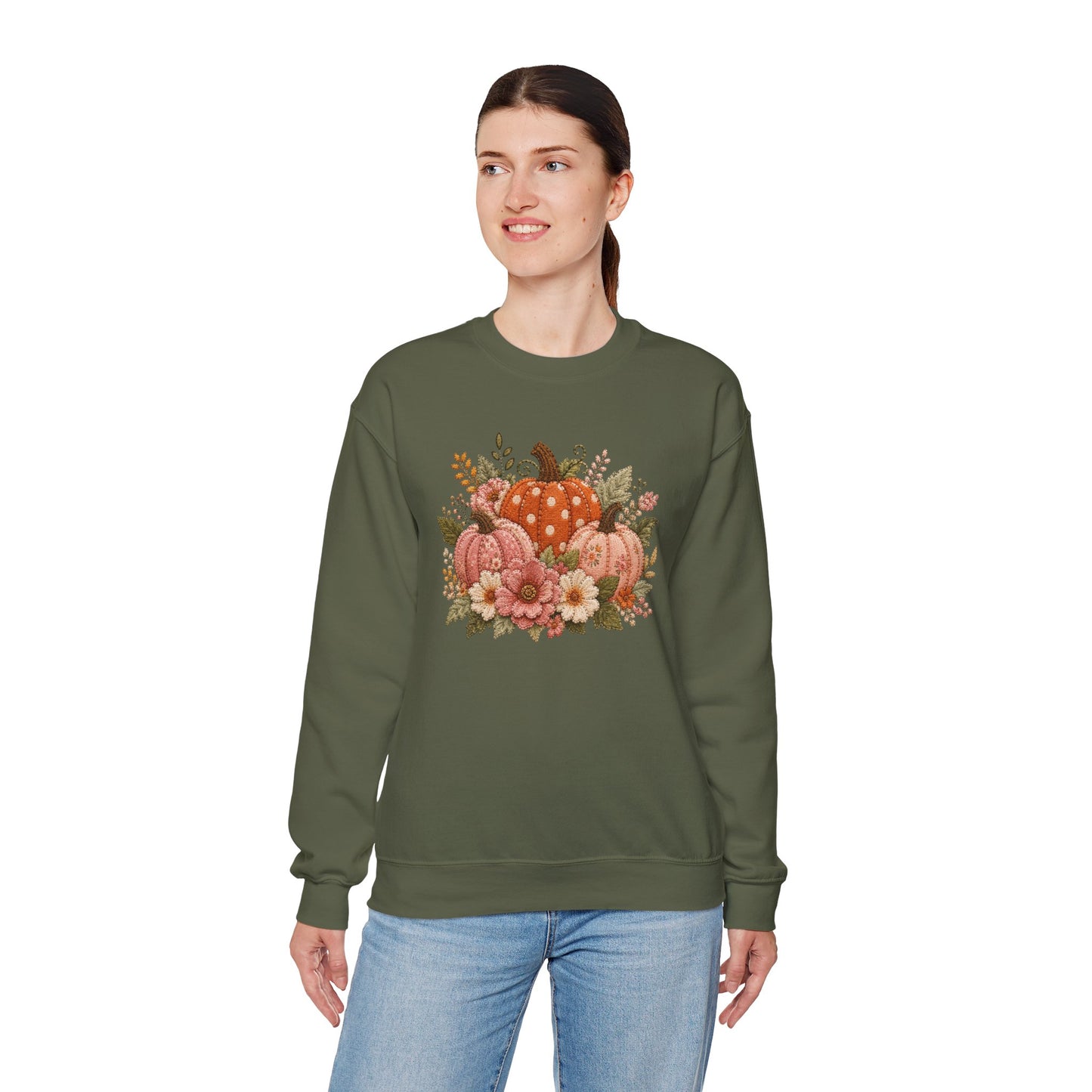Orange & Pink Pumpkin Trio with Flower Blooms Faux Patchwork Embroidery Crewneck Sweatshirt