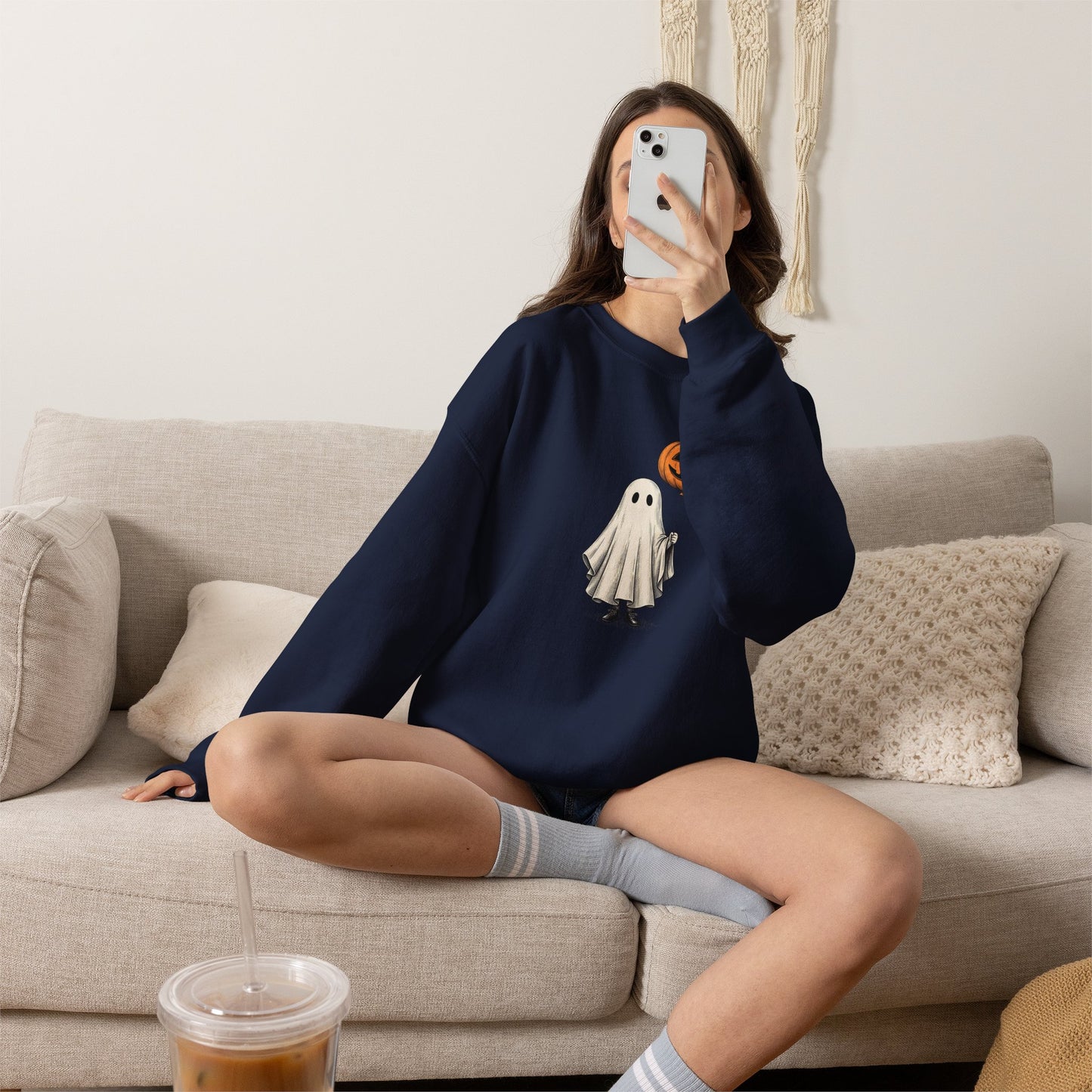 Simple Boho Ghost Holding a Pumpkin Balloon Crewneck Sweatshirt