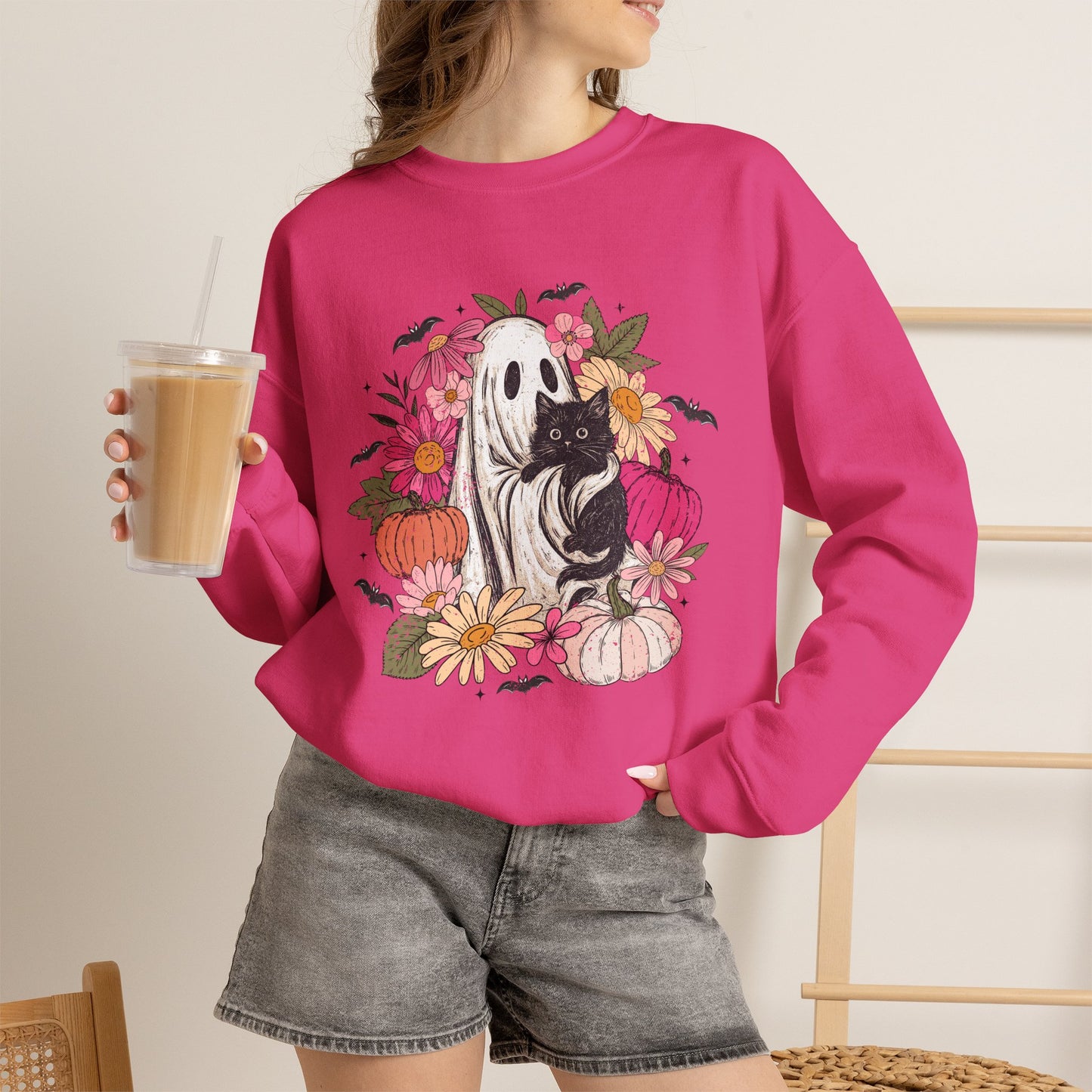 Ghost Holding Black Cat Boho Floral Halloween Crewneck Sweatshirt