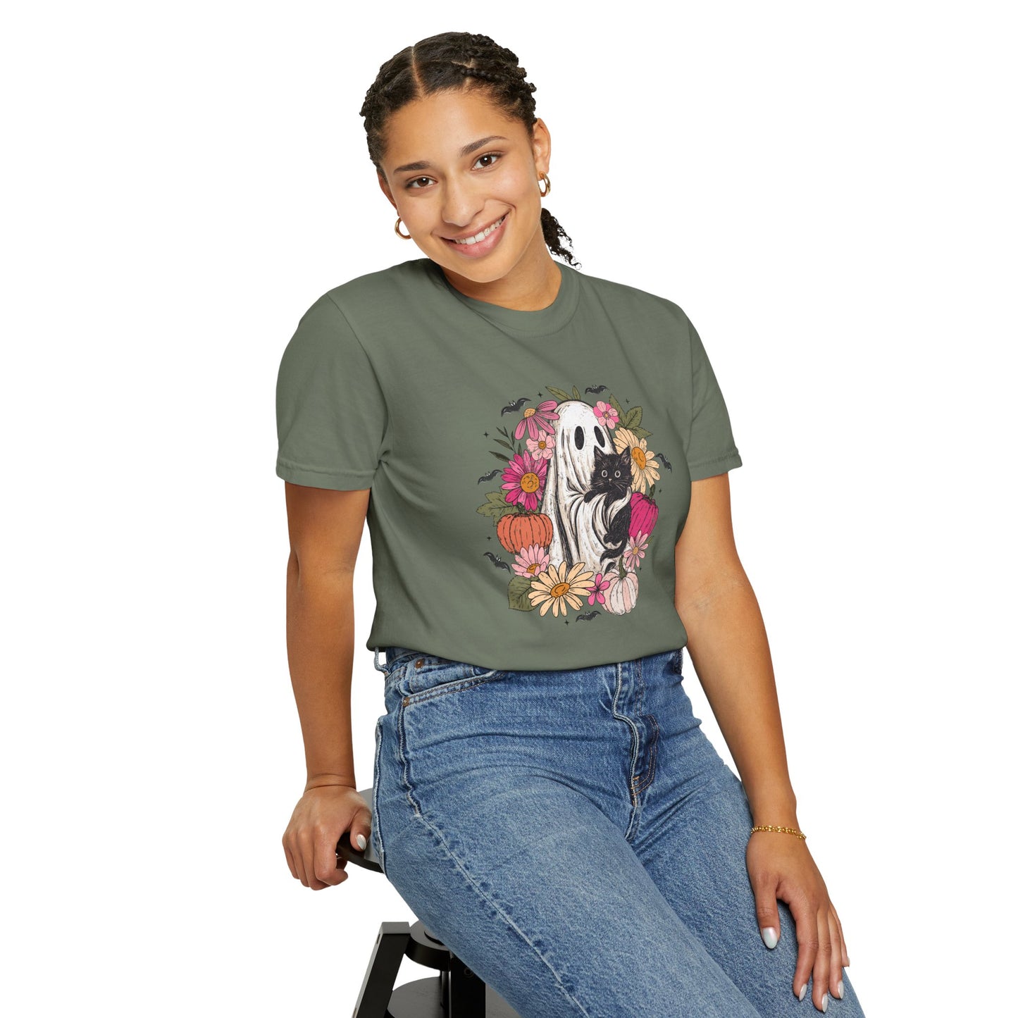 Cute Boho Ghost Holding Black Cat with Flowers T-shirt