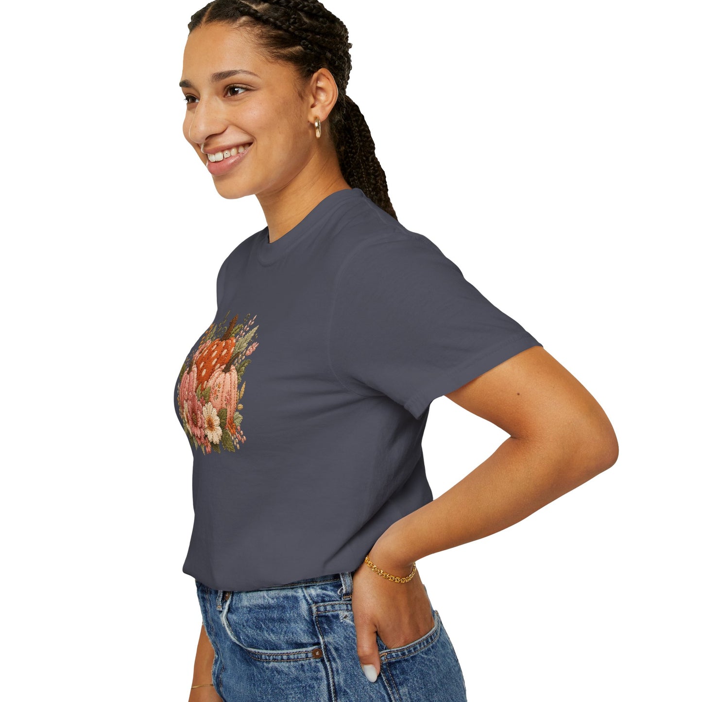 Orange & Pink Trio of Pumpkins with Flower Blooms Faux Patchwork Embroidery T-shirt